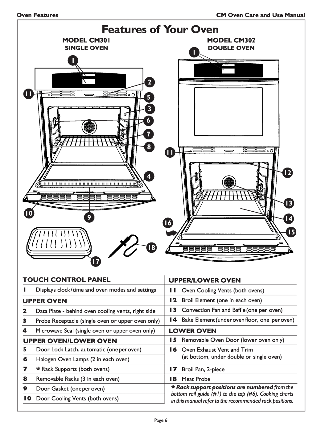 Thermador manual Features of Your Oven, MODEL CM301, MODEL CM302, Touch Control Panel, Upper/Lower Oven, Upper Oven 