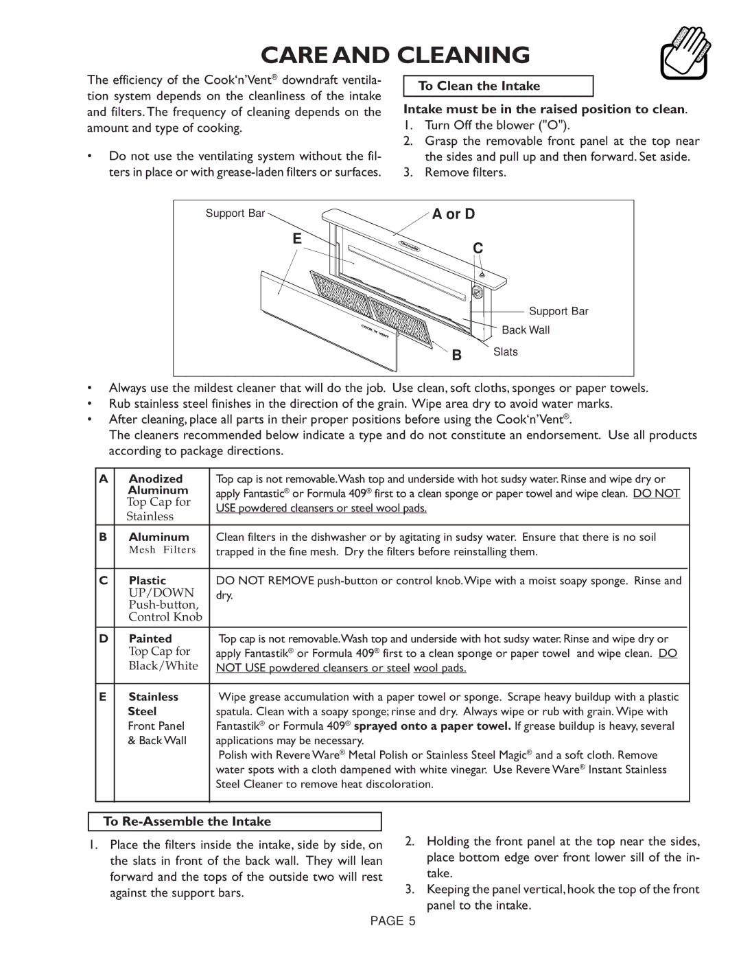 Thermador CVS36R, CVS45R, CVS30R Care and Cleaning, Or D, Turn Off the blower O, Remove filters, To Re-Assemble the Intake 