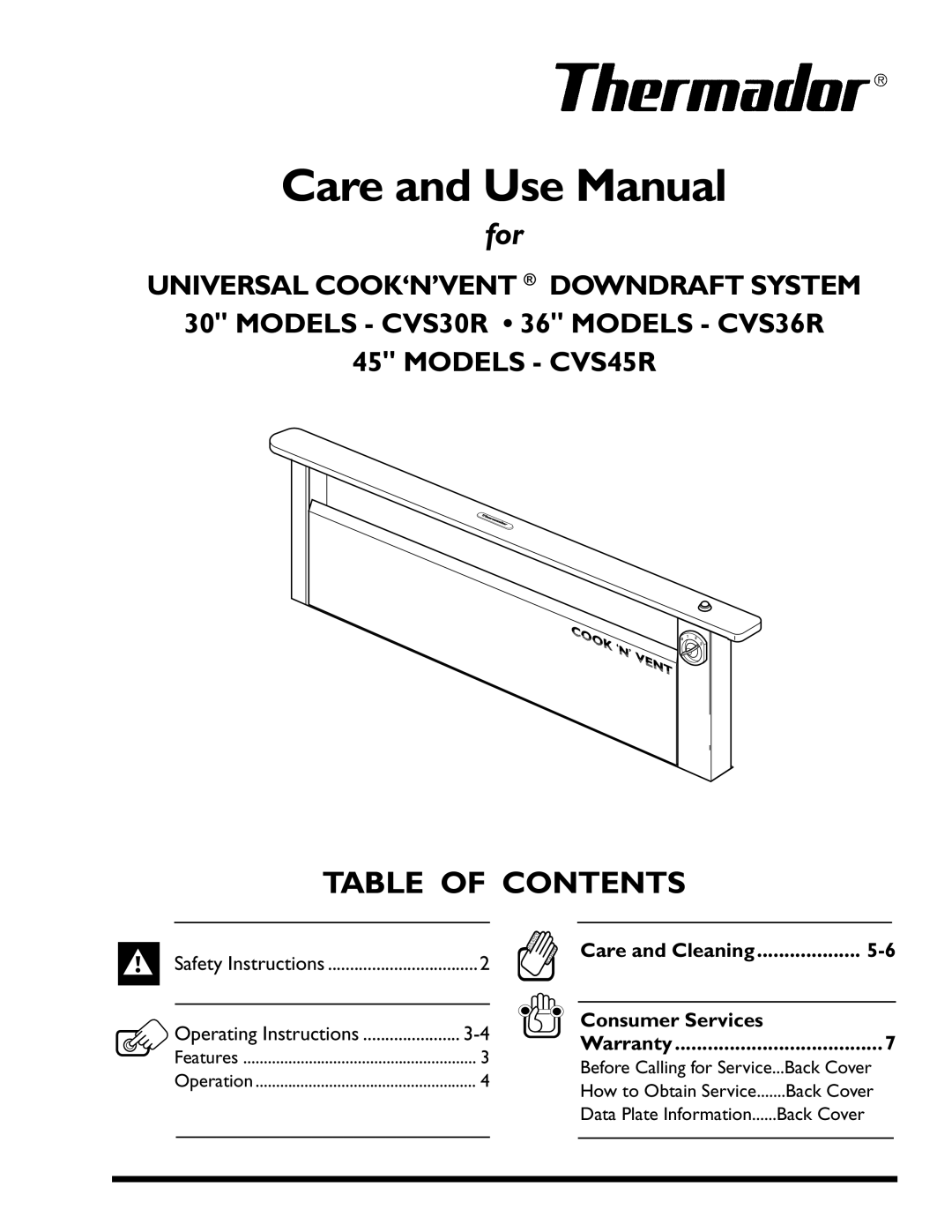 Thermador CVS30R 36, CVS36R 45 manual Warranty, Before Calling for Service, Back Cover 