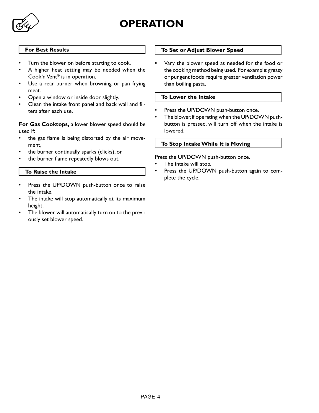 Thermador CVS36R 45, CVS30R 36 manual Operation 