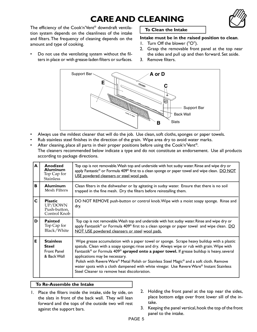 Thermador CVS30R 36, CVS36R 45 Care and Cleaning, Or D, Turn Off the blower O, Remove filters, To Re-Assemble the Intake 