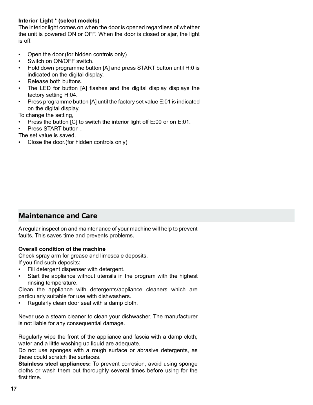 Thermador Dishwasher manual Maintenance and Care, Interior Light * select models, Overall condition of the machine 