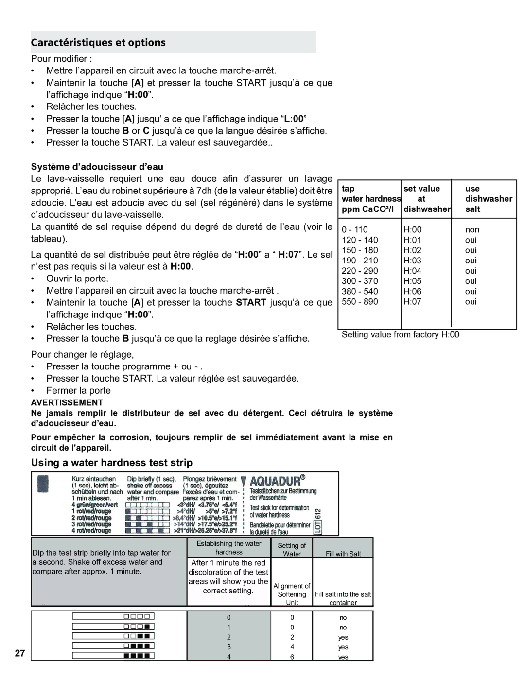 Thermador Dishwasher manual Caractéristiques et options, Pour modiier 