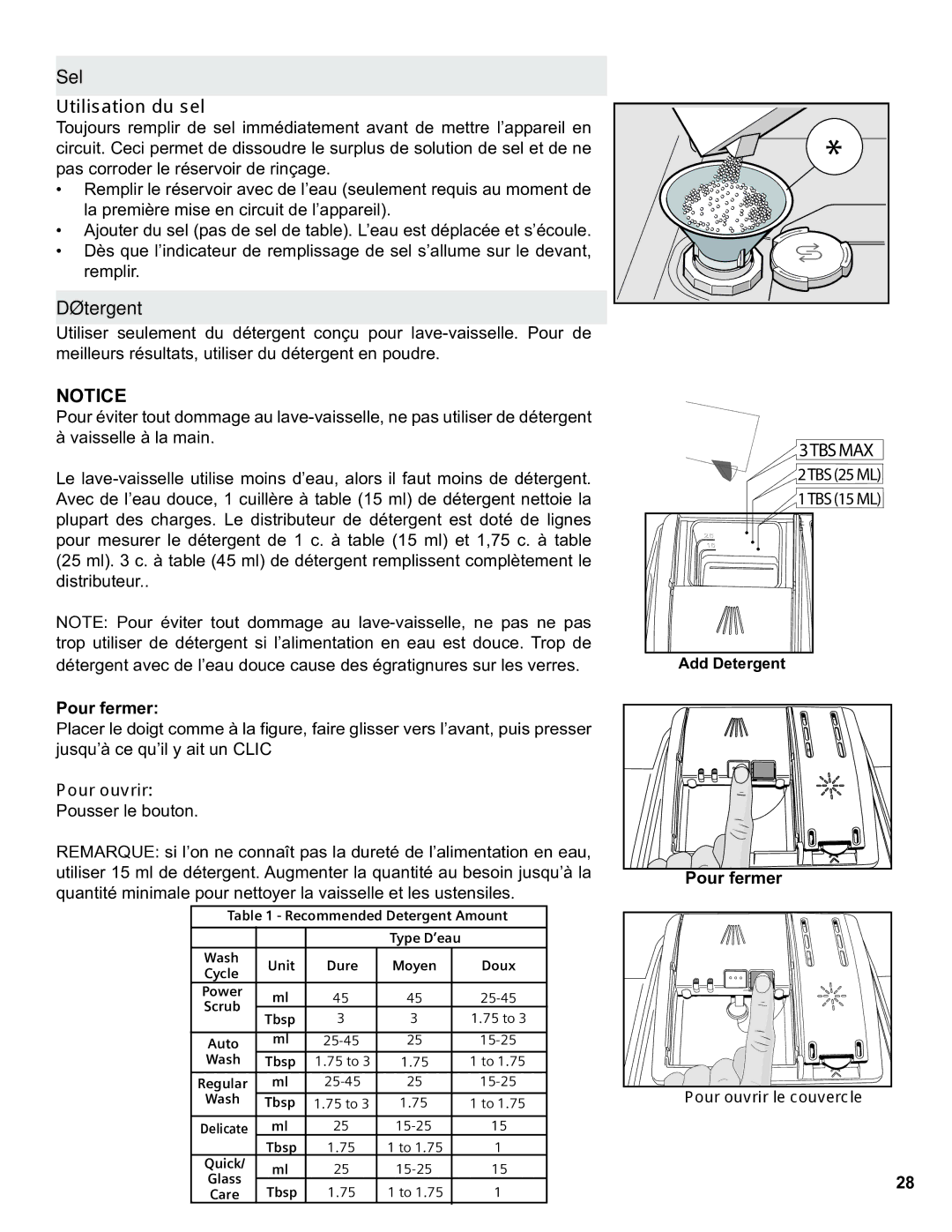 Thermador Dishwasher manual Sel Utilisation du sel, Détergent, Pour fermer, Pour ouvrir 