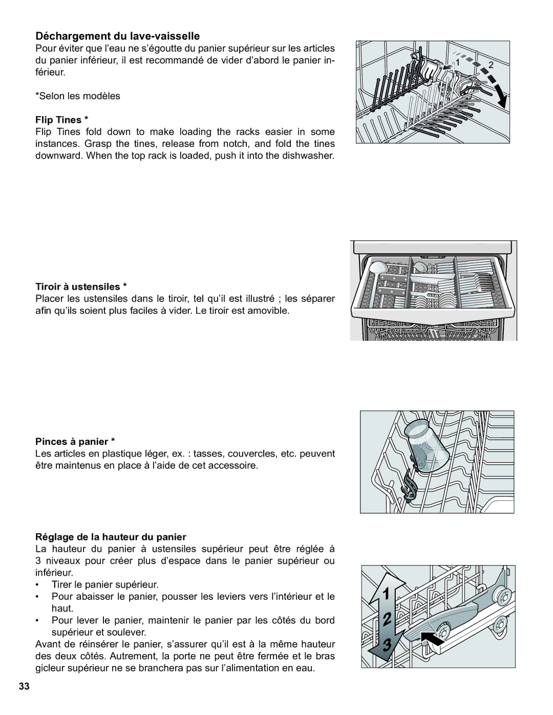 Thermador Dishwasher manual Déchargement du lave-vaisselle, Tiroir à ustensiles, Réglage de la hauteur du panier 