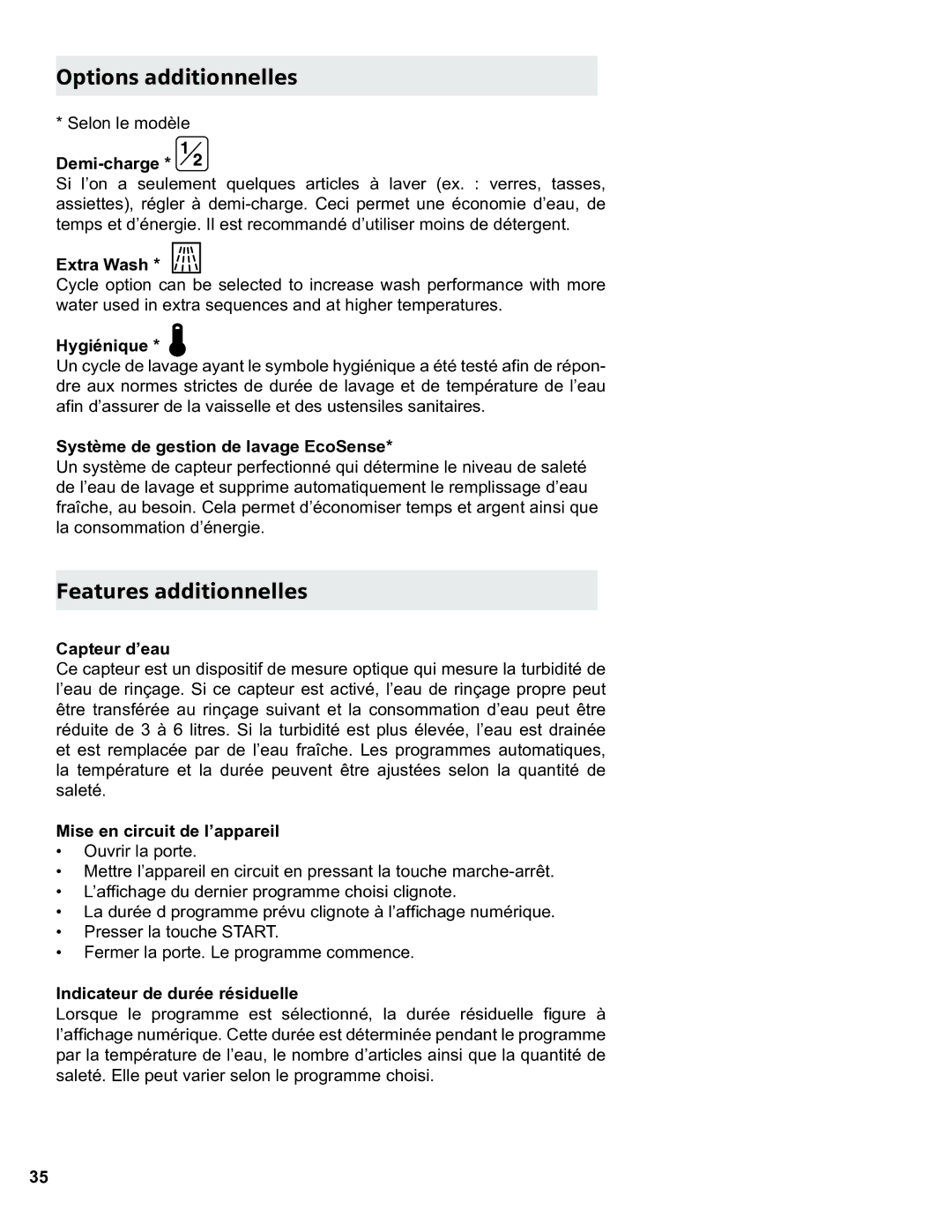 Thermador Dishwasher manual Options additionnelles, Features additionnelles 