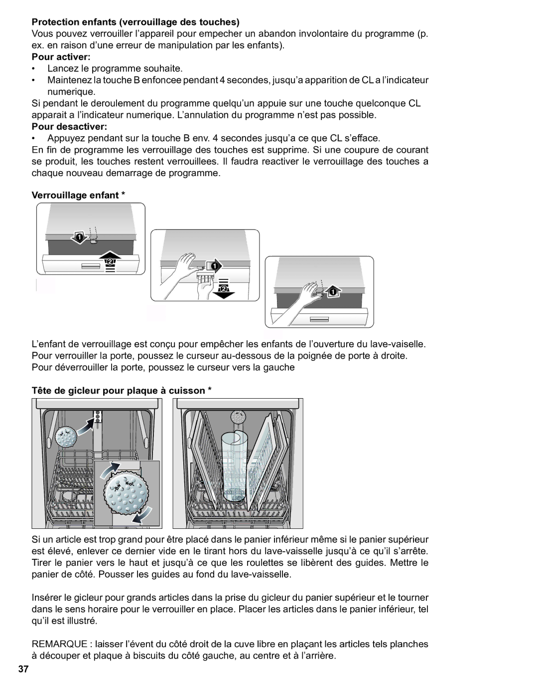 Thermador Dishwasher manual Protection enfants verrouillage des touches, Pour activer, Pour desactiver, Verrouillage enfant 