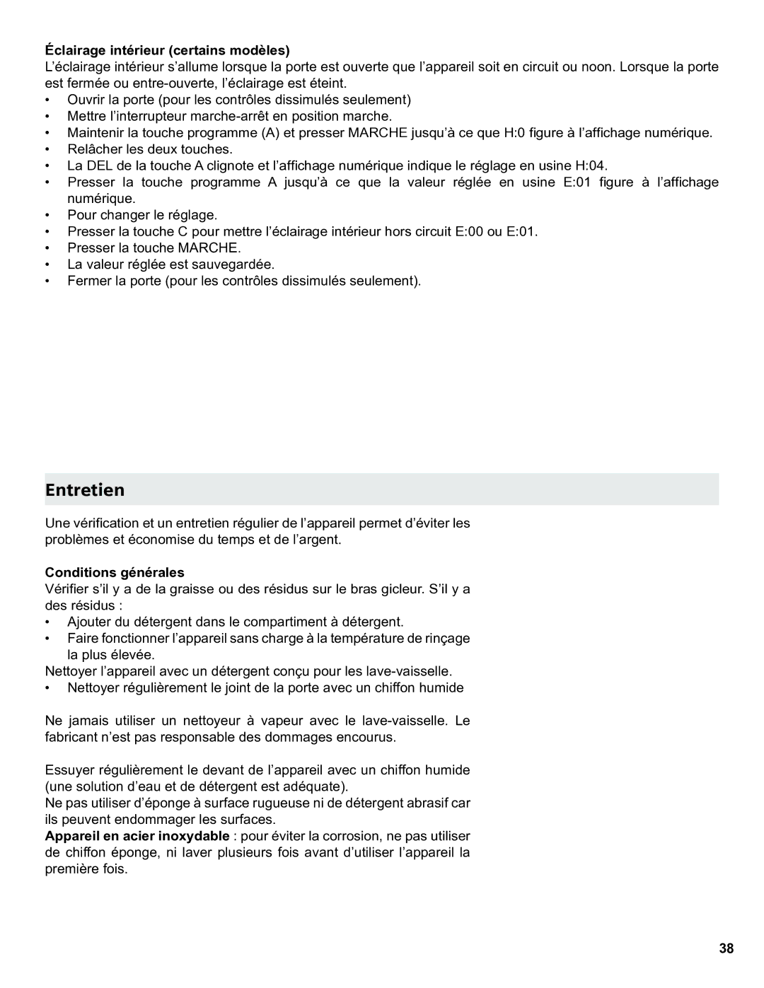 Thermador Dishwasher manual Entretien, Éclairage intérieur certains modèles 