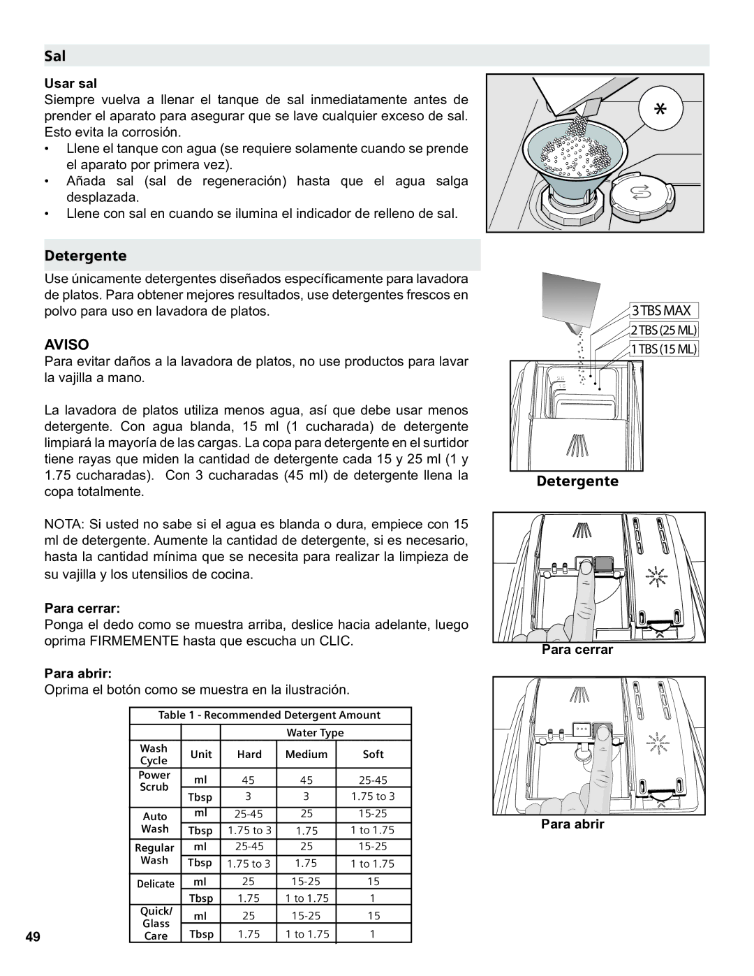 Thermador Dishwasher manual Sal, Detergente, Usar sal, Para cerrar, Para abrir 