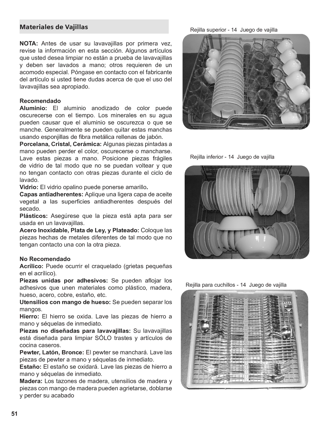 Thermador Dishwasher manual Materiales de Vajillas, No Recomendado, Piezas unidas por adhesivos Se pueden alojar los 