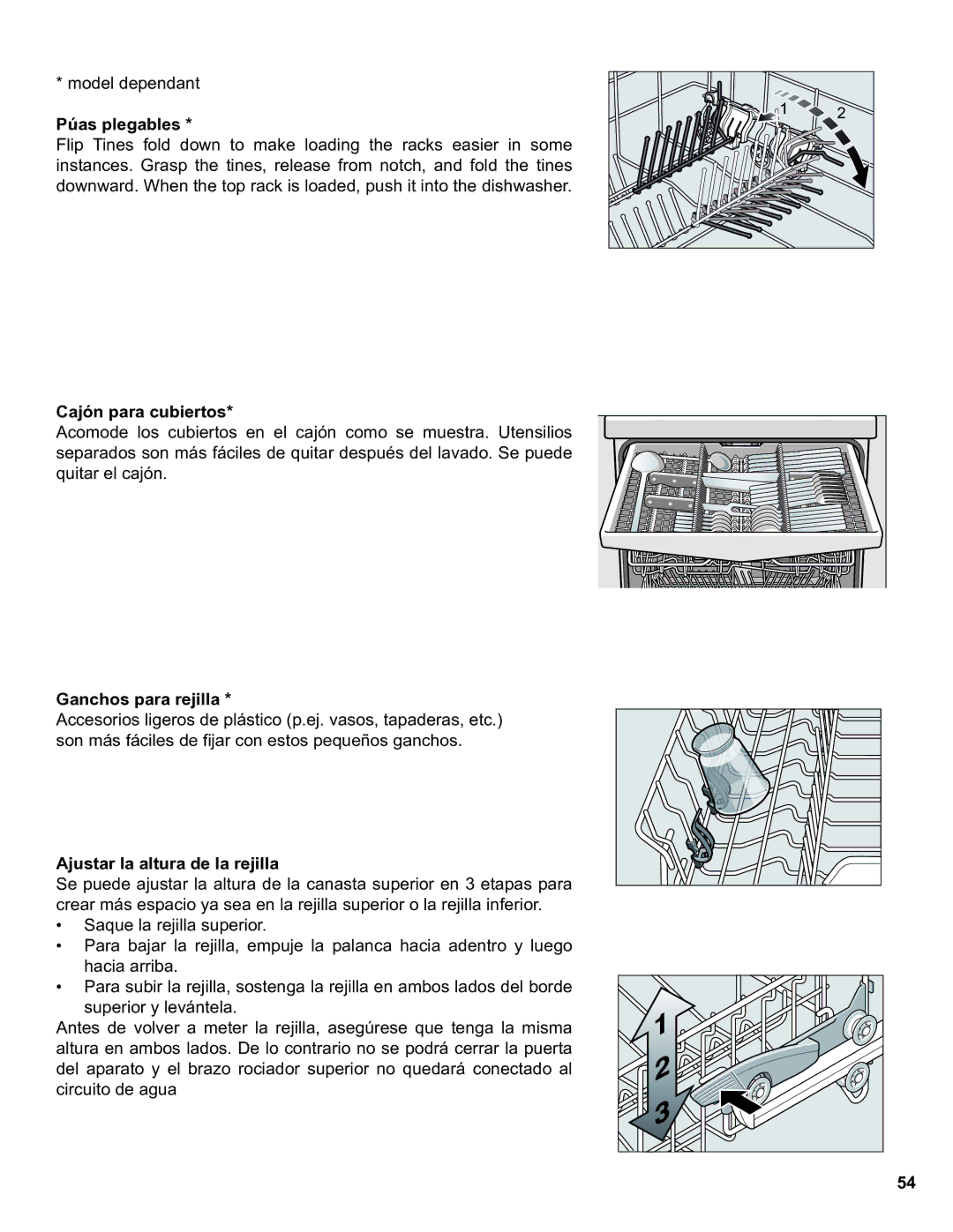 Thermador Dishwasher manual Púas plegables, Cajón para cubiertos, Ganchos para rejilla, Ajustar la altura de la rejilla 