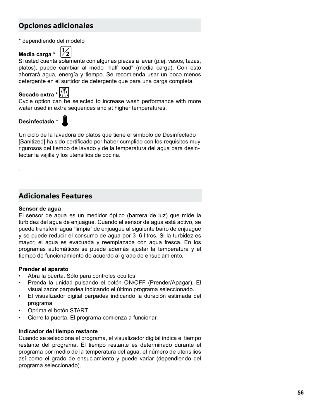 Thermador Dishwasher manual Opciones adicionales, Adicionales Features 