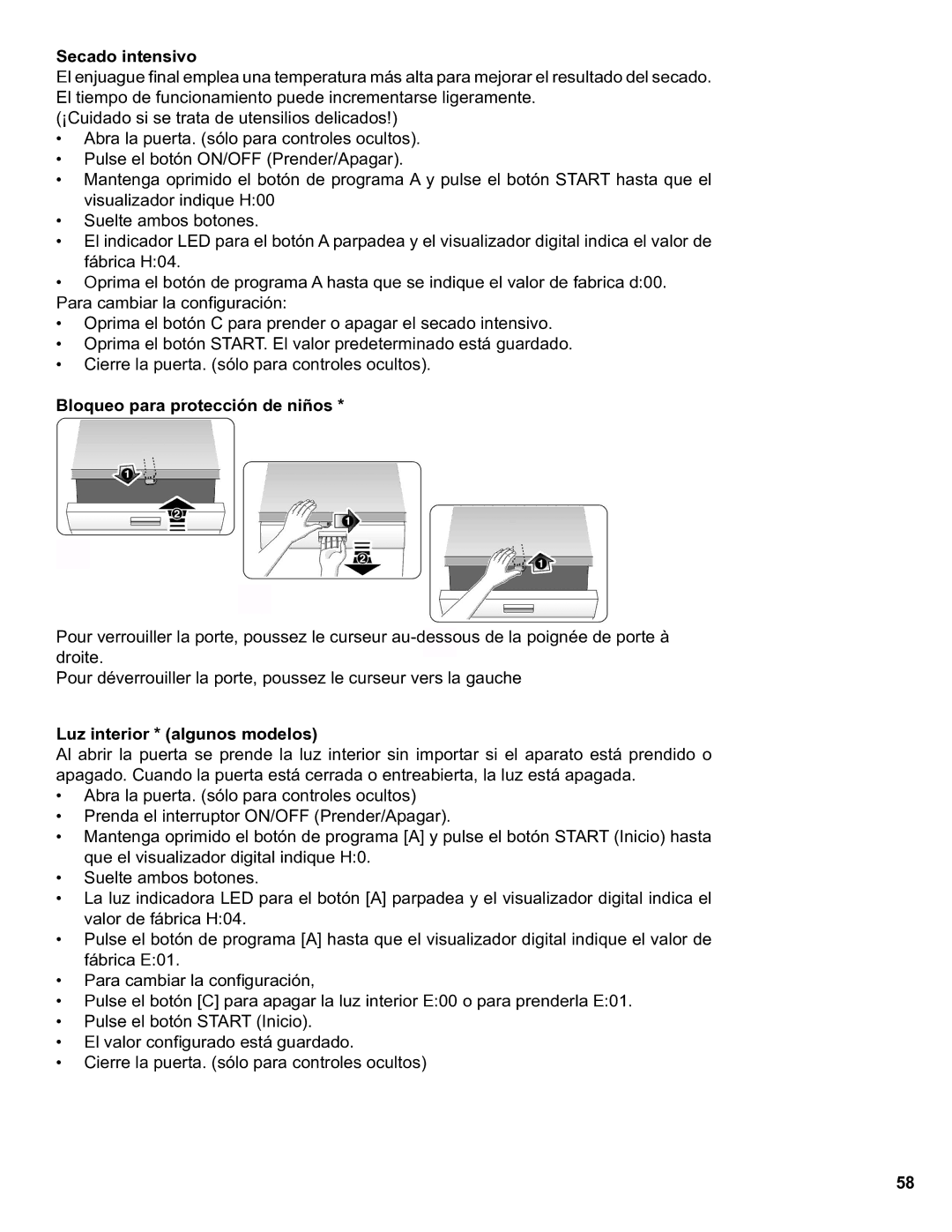 Thermador Dishwasher manual Secado intensivo, Bloqueo para protección de niños, Luz interior * algunos modelos 