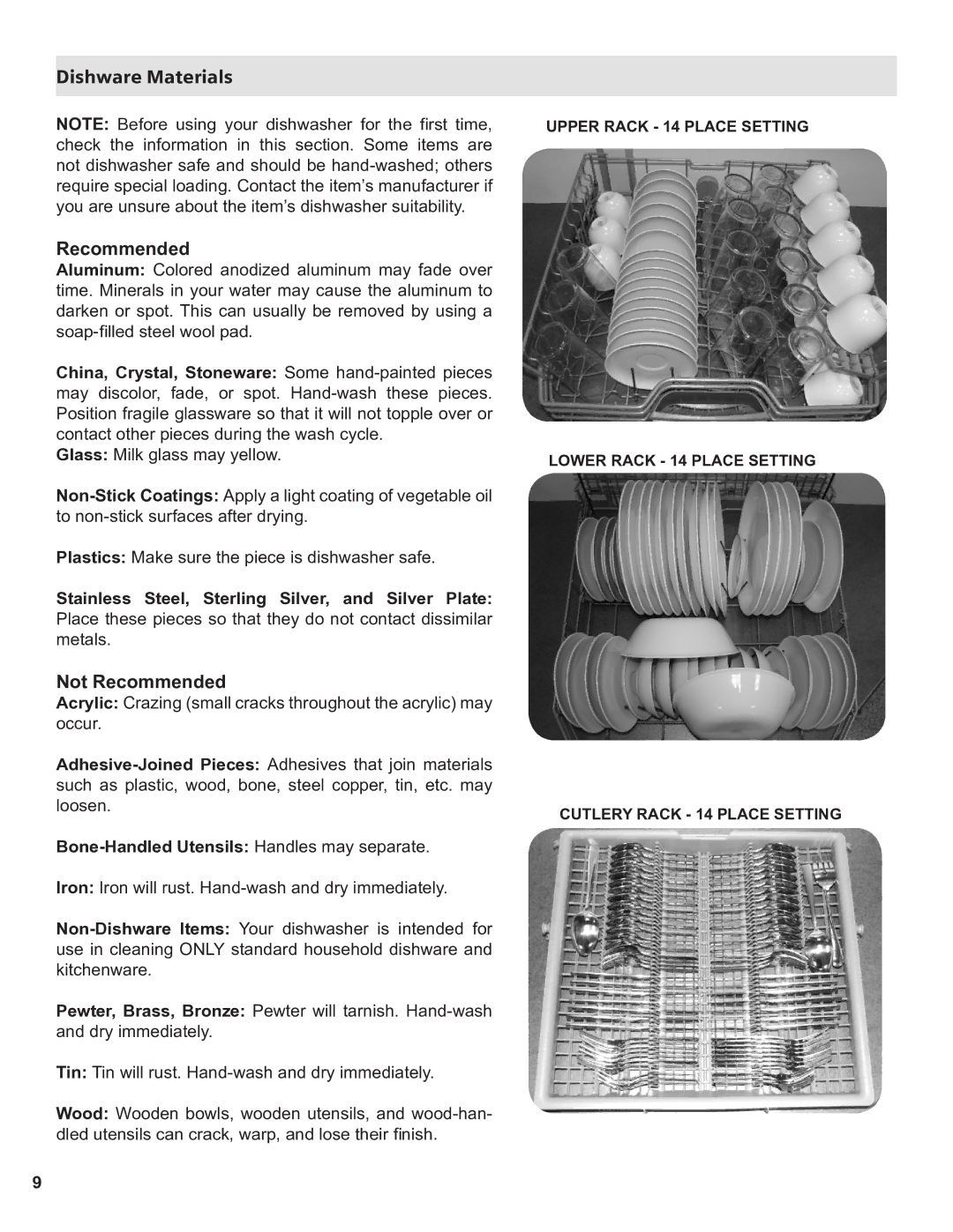 Thermador Dishwasher manual Dishware Materials, Not Recommended, Bone-Handled Utensils Handles may separate 