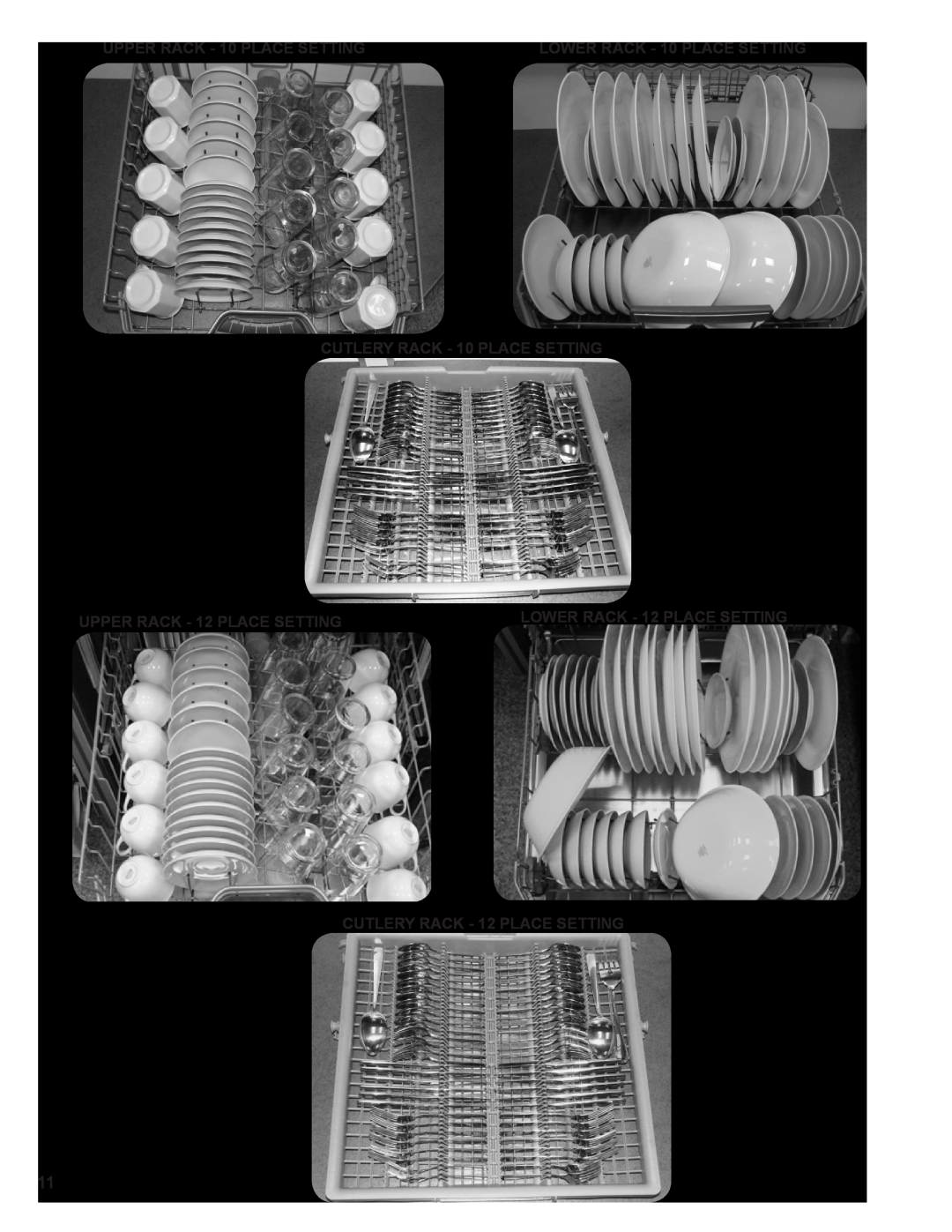 Thermador Dishwasher manual UPPER RACK - 10 PLACE SETTING, LOWER RACK - 10 PLACE SETTING, CUTLERY RACK - 10 PLACE SETTING 