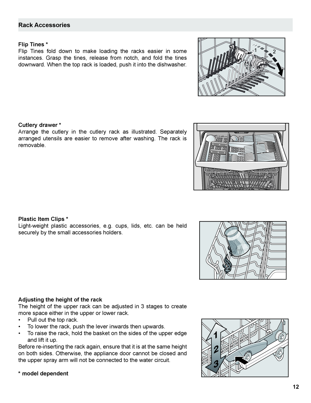 Thermador Dishwasher Rack Accessories, Flip Tines, Cutlery drawer, Plastic Item Clips, Adjusting the height of the rack 