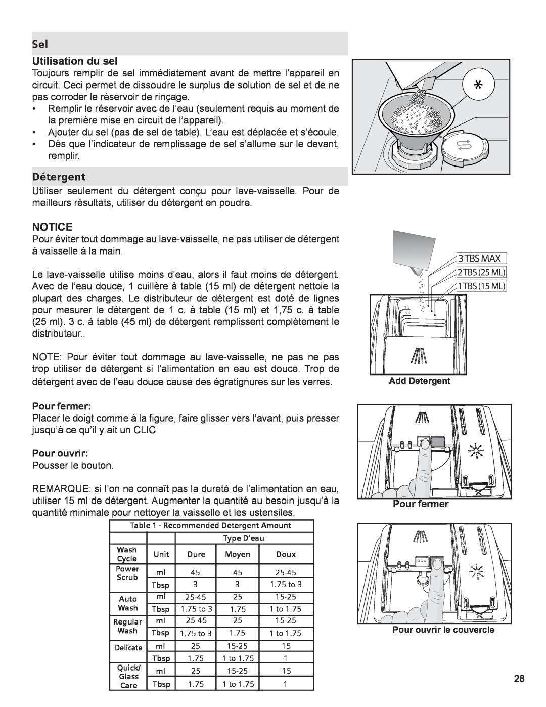 Thermador Dishwasher manual Sel Utilisation du sel, Détergent, Notice, Pour fermer, Pour ouvrir 