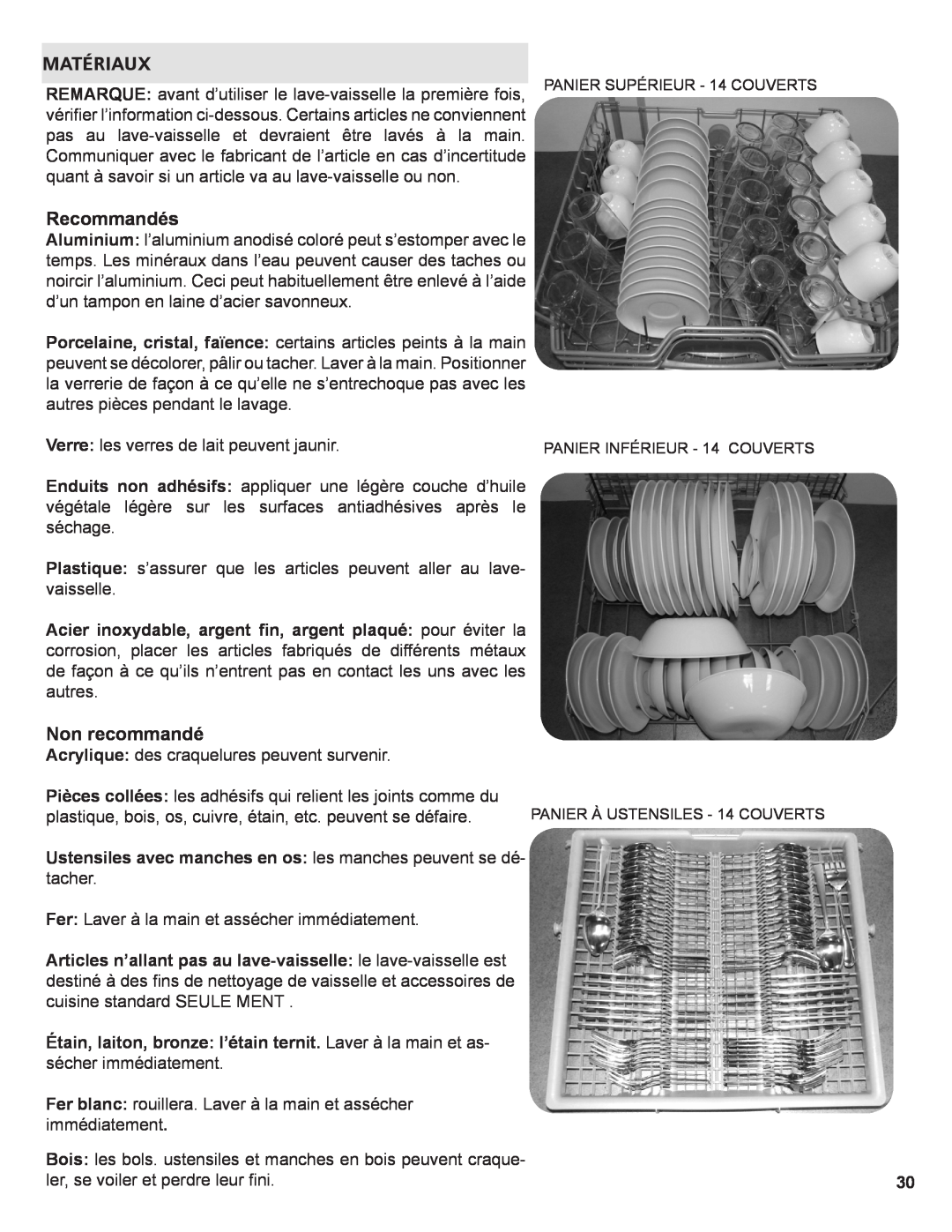 Thermador Dishwasher manual Matériaux, Recommandés, Non recommandé 