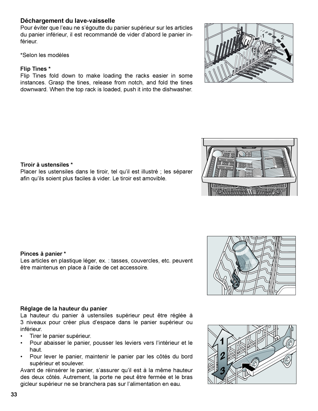 Thermador Dishwasher manual Déchargement du lave-vaisselle, Flip Tines, Tiroir à ustensiles, Pinces à panier 