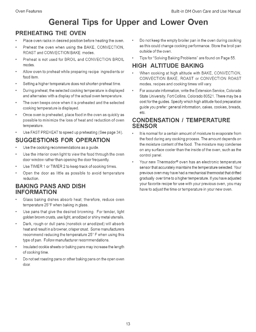 Thermador DM301, DM302 General Tips for Upper and Lower Oven, Preheating the Oven, Suggestions for Operation, Information 