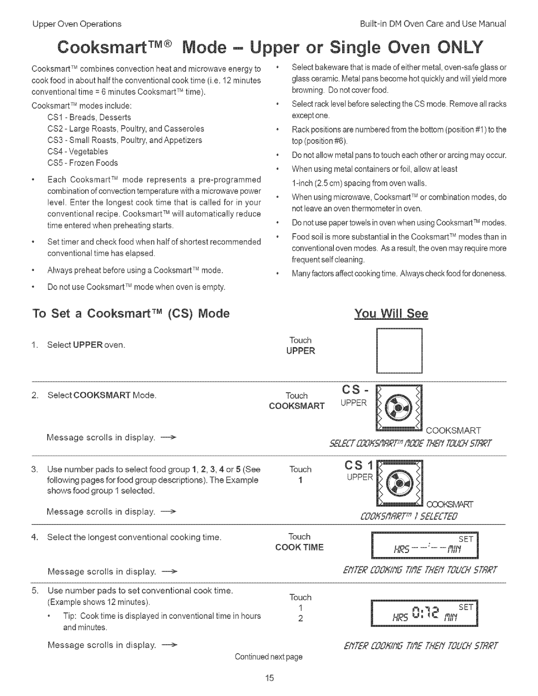 Thermador DM301 Cooksmart rM Upper or Single Oven only, UpperOvenOperations, To Set a Cooksmart TM CS Mode You WIll See 