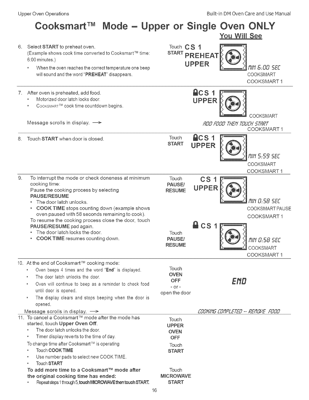 Thermador DM302, DM301 manual Cooksmart rM Mode -. Upper or Single Oven only, TouchC S, Start Preheat Upper, CS 1 Upper, CSl 