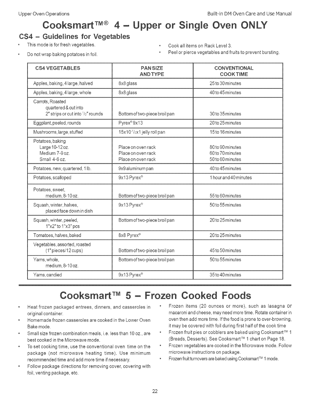 Thermador DM302, DM301 manual CooksmartTM Upper or Single Oven only, Frozen Cooked, CS4 Guidemines for Vegetables 