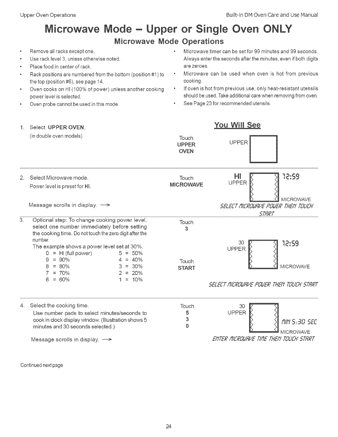 Thermador DM302, DM301 manual Microwave Mode Upper, Or Single Oven only, Operations 