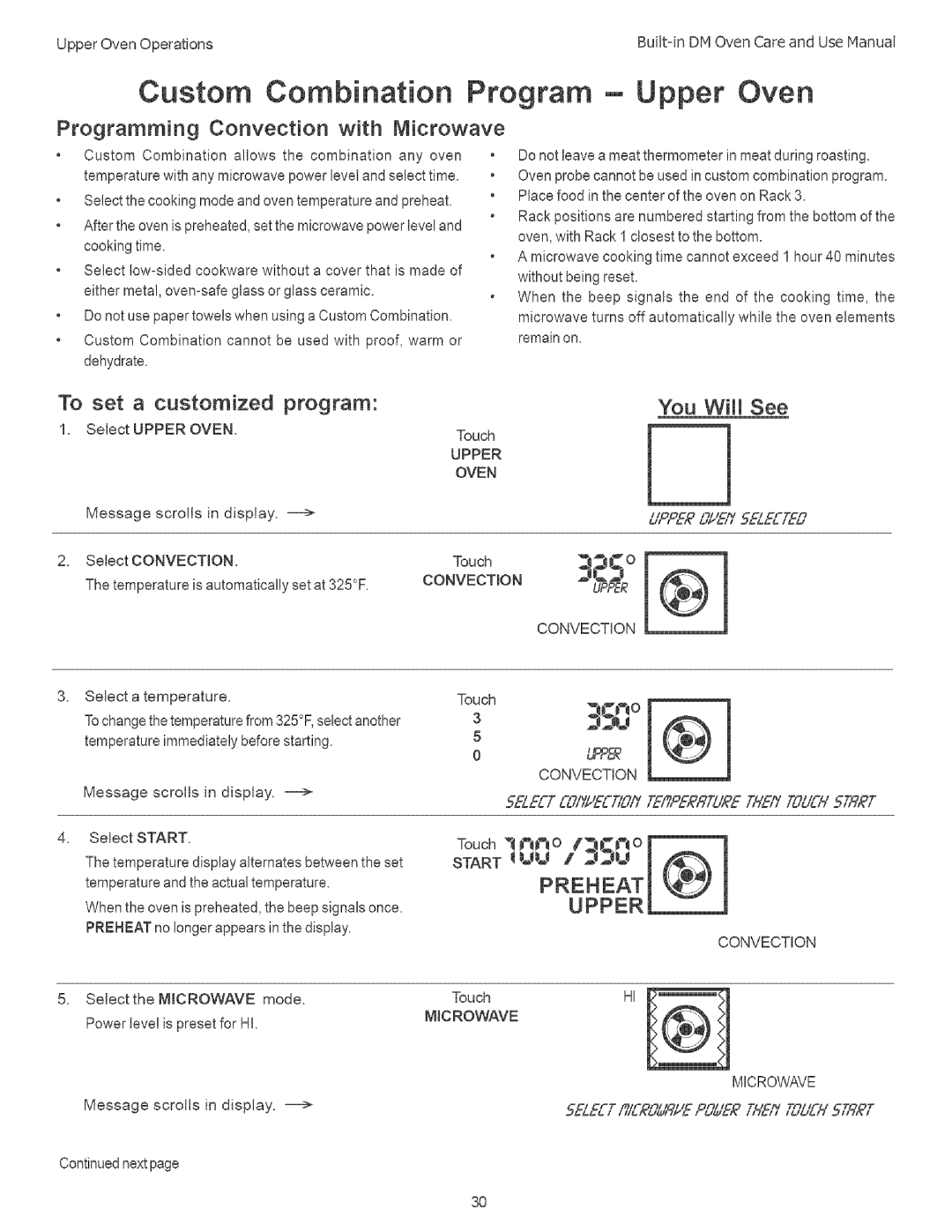 Thermador DM302, DM301 manual Custom Combination Program Upper Oven, Programming Convection with Microwave, 3C o 