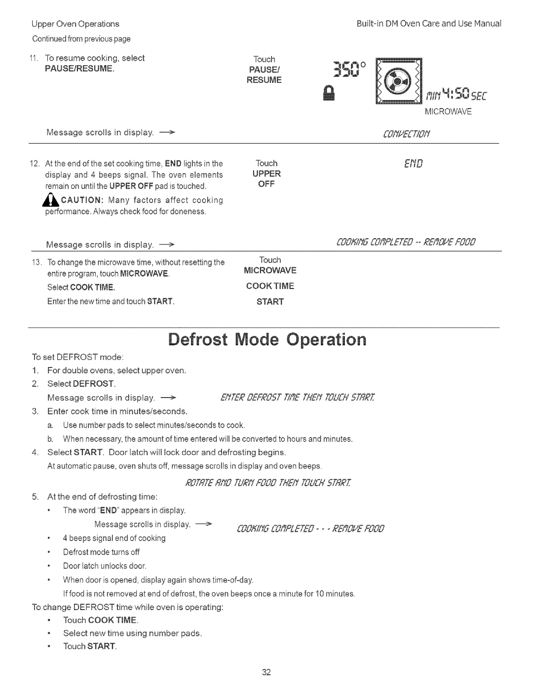 Thermador DM302 Defrost Mode, Pauseiresume, Messagescrollsin display, Upper OFF, GTRTE fTlYOTURIYF,g00 Them gUEH5TRRT 