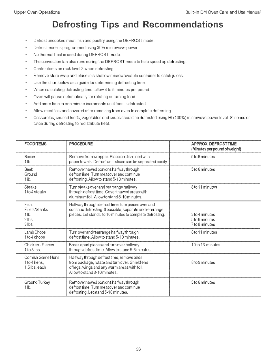 Thermador DM301, DM302 manual Defrosting and Recommendations, FOODITEM8 Procedure APPROX.DEFROSTTIME 