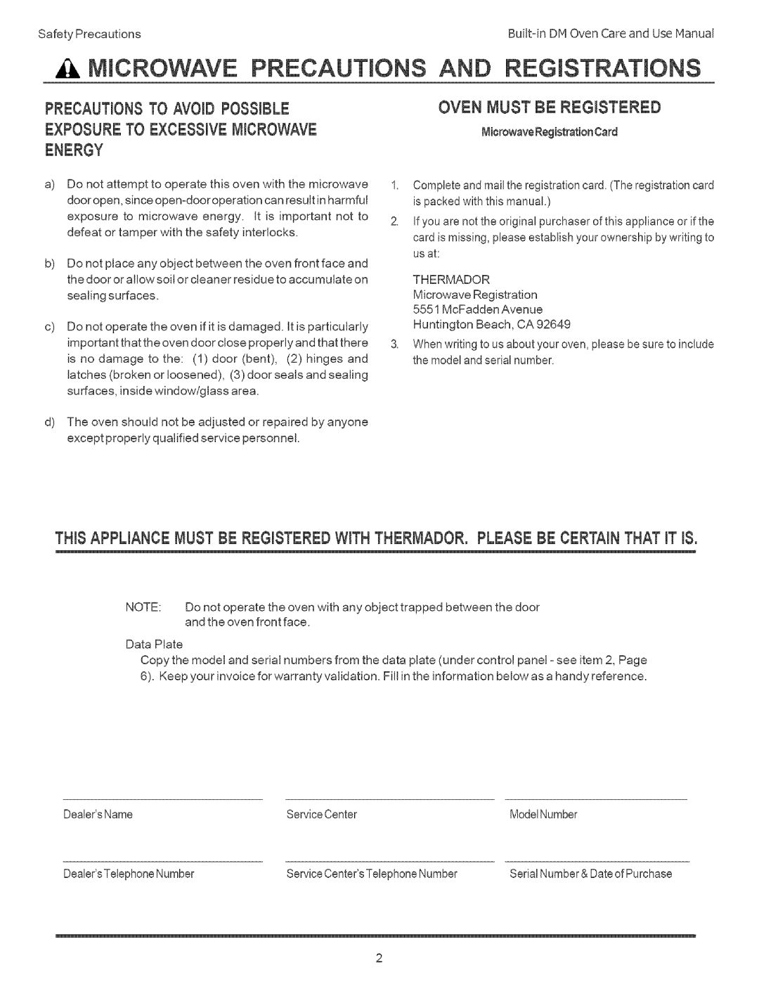 Thermador DM302, DM301 manual MmCROWAVE, Oven Must be Regnstered, Exposureto Excessivemicrowave 