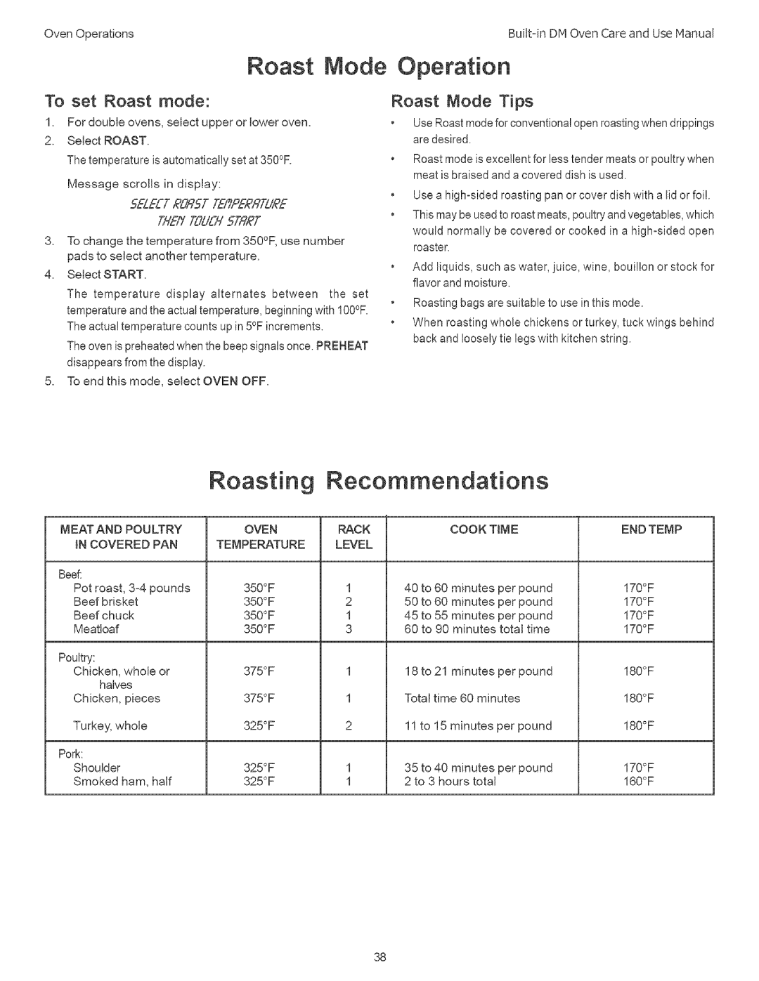 Thermador DM302, DM301 manual Roast Mode Operation, Roasting, To set Roast mode, Roast Mode Tips, Then T,gUEH 5TRRT 