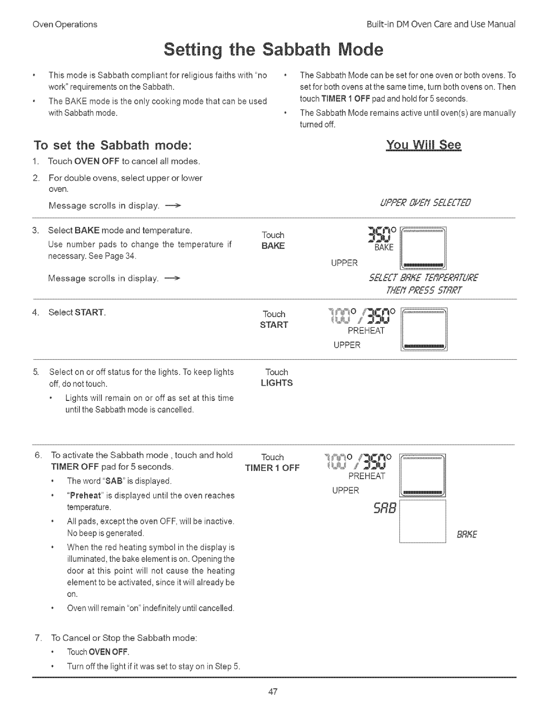 Thermador DM301, DM302 manual Setting the Sabbath Mode, To set the Sabbath mode, Timer 1 OFF, Bake Upper 