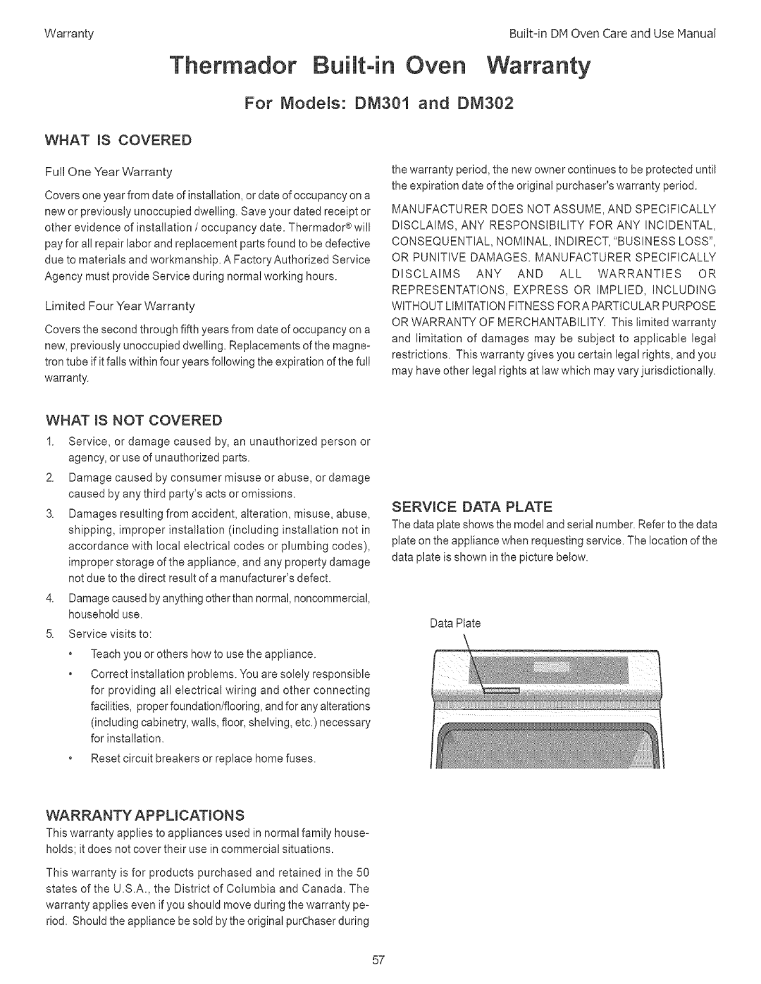 Thermador manual Built-in Oven, Warranty, For Models DM301 and DM302 