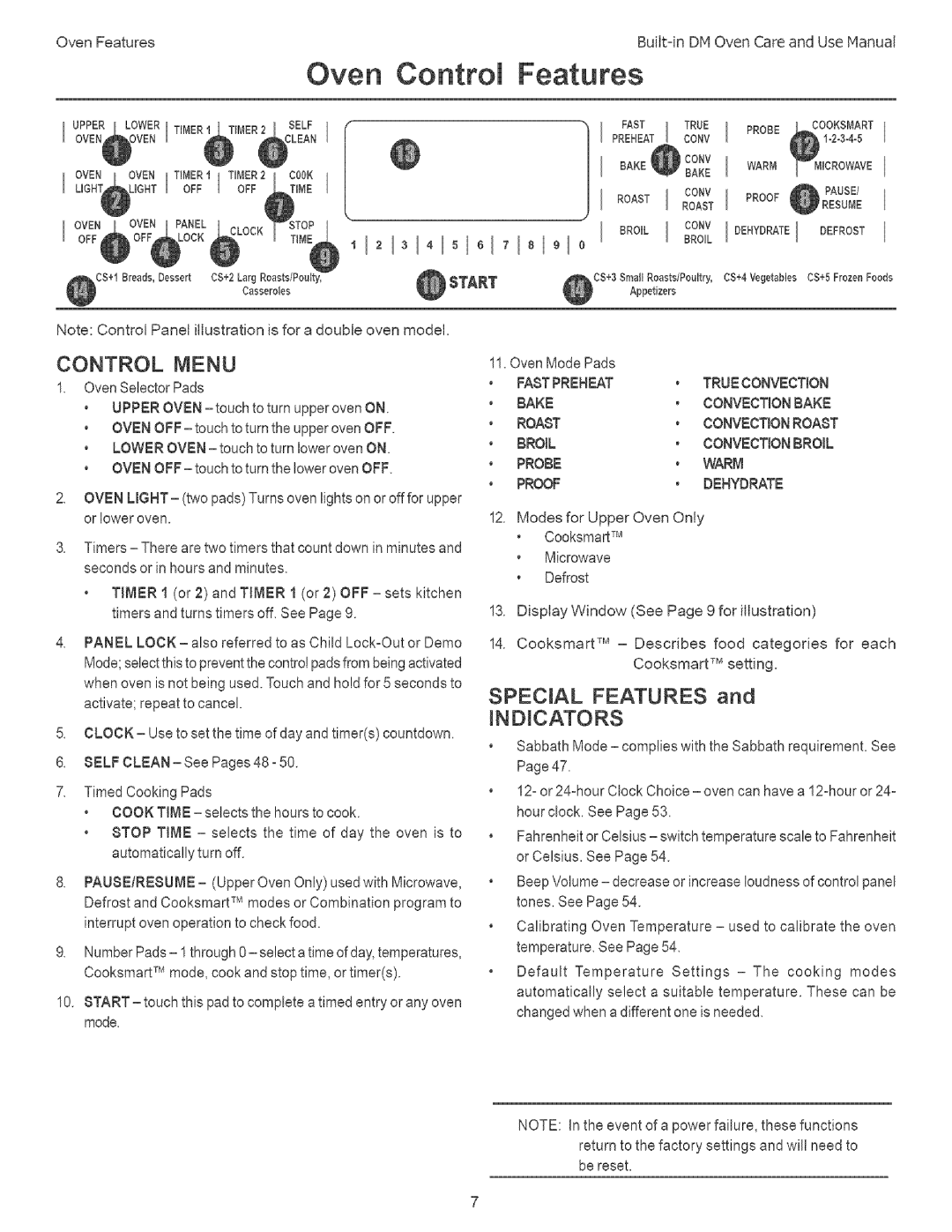 Thermador DM301, DM302 manual Oven Control Features, Control Menu, Special Features, Indicators, Fabtpreheat 