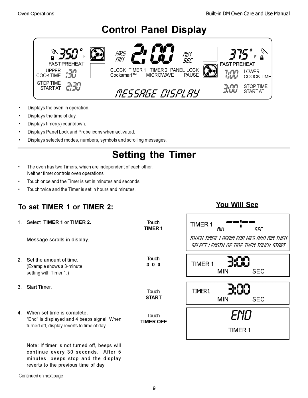 Thermador DM301, DM302 manual Control Panel Display, Setting the Timer, To set Timer 1 or Timer, You Will See 