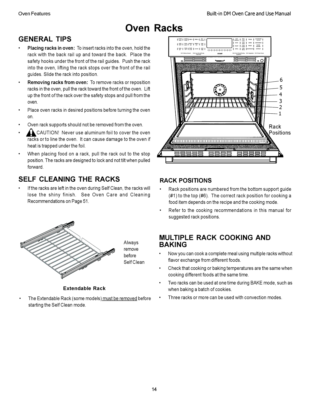 Thermador DM302 manual Oven Racks, General Tips, Self Cleaning the Racks, Multiple Rack Cooking and Baking, Extendable Rack 