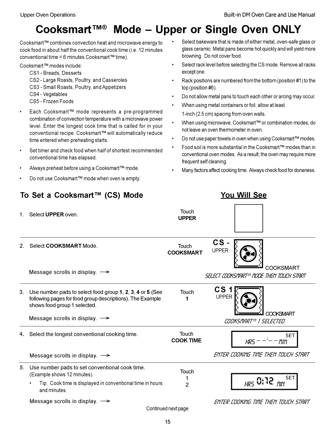 Thermador DM301 Cooksmart Mode Upper or Single Oven only, To Set a Cooksmart CS Mode You Will See, Cooksmart 1 Selected 