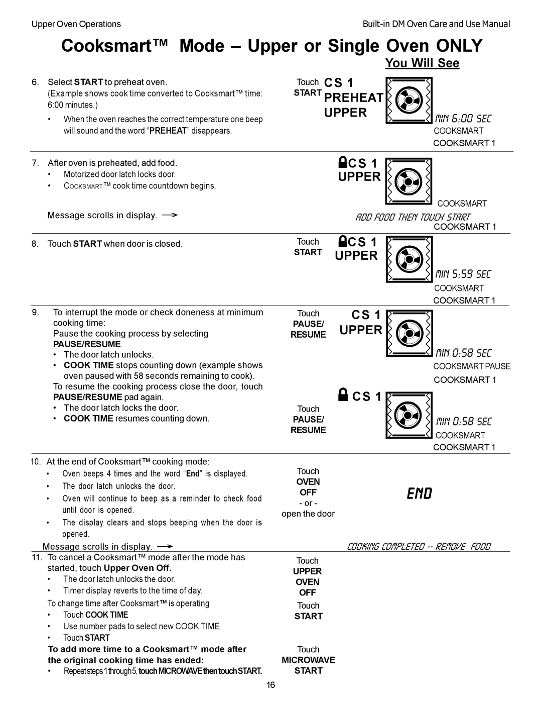 Thermador DM302, DM301 manual CS 1 Upper, Add Food Then Touch Start, Min 058 sec 