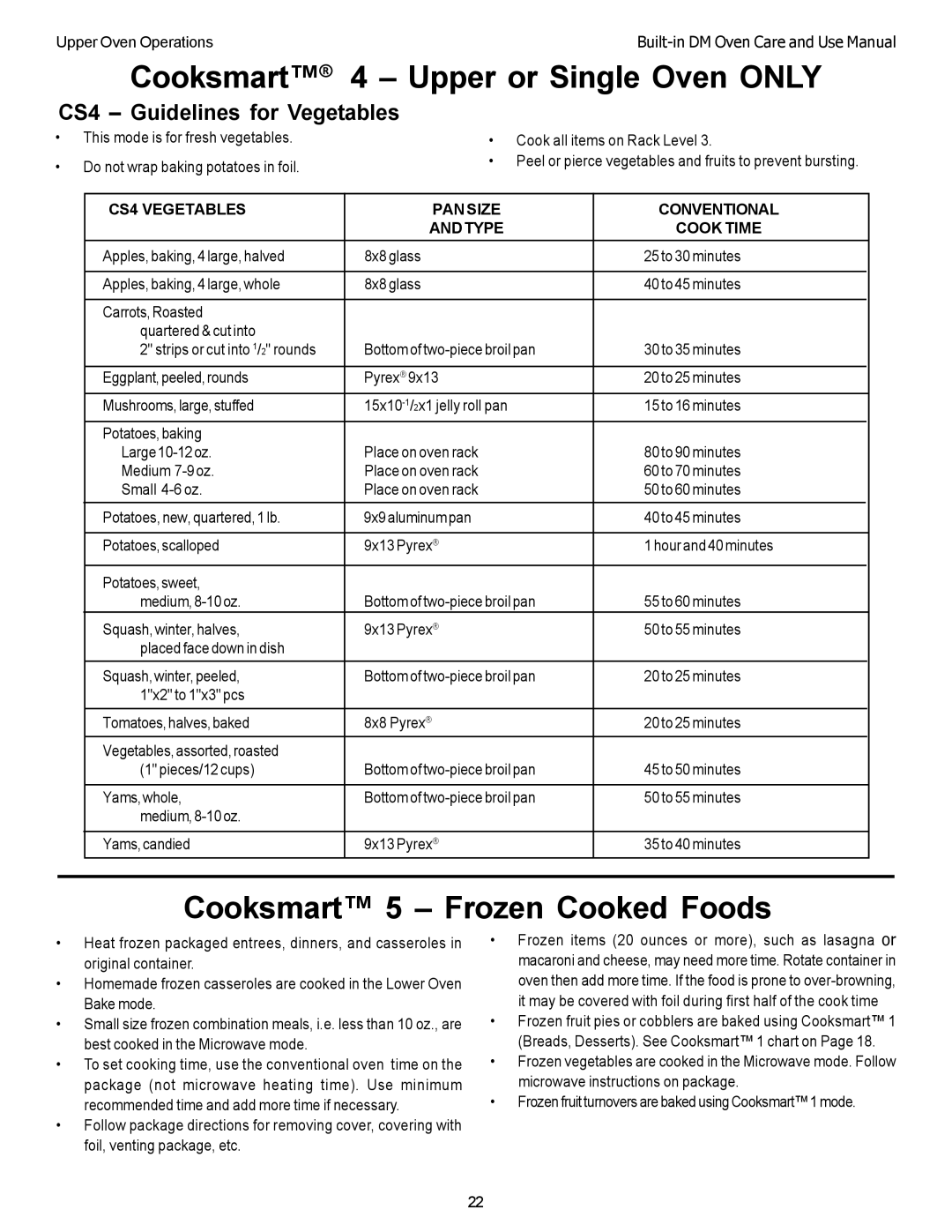 Thermador DM302, DM301 Cooksmart Upper or Single Oven only, Cooksmart 5 Frozen Cooked Foods, CS4 Guidelines for Vegetables 