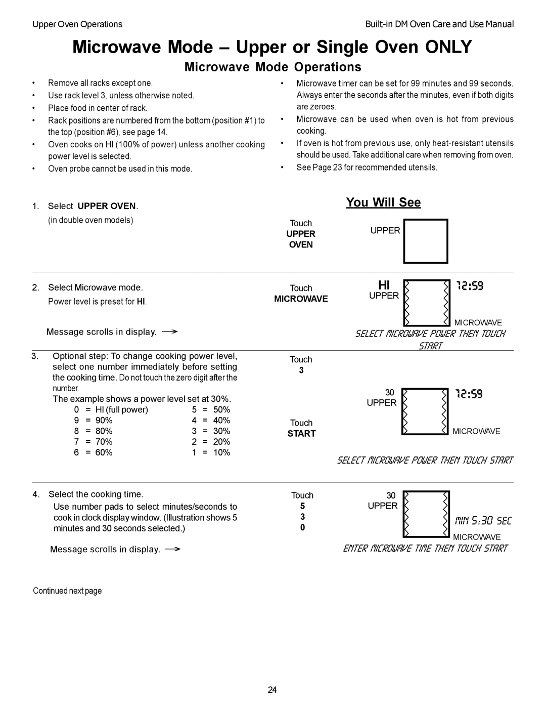 Thermador DM302, DM301 manual Microwave Mode Operations, Select Microwave Power Then Touch Start, Upperupper Oven 