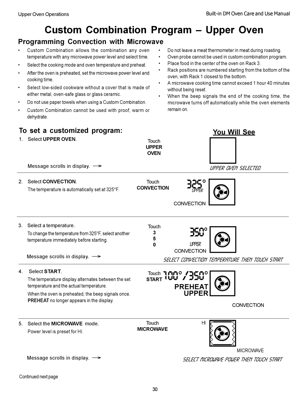 Thermador DM302 Custom Combination Program Upper Oven, Programming Convection with Microwave, To set a customized program 