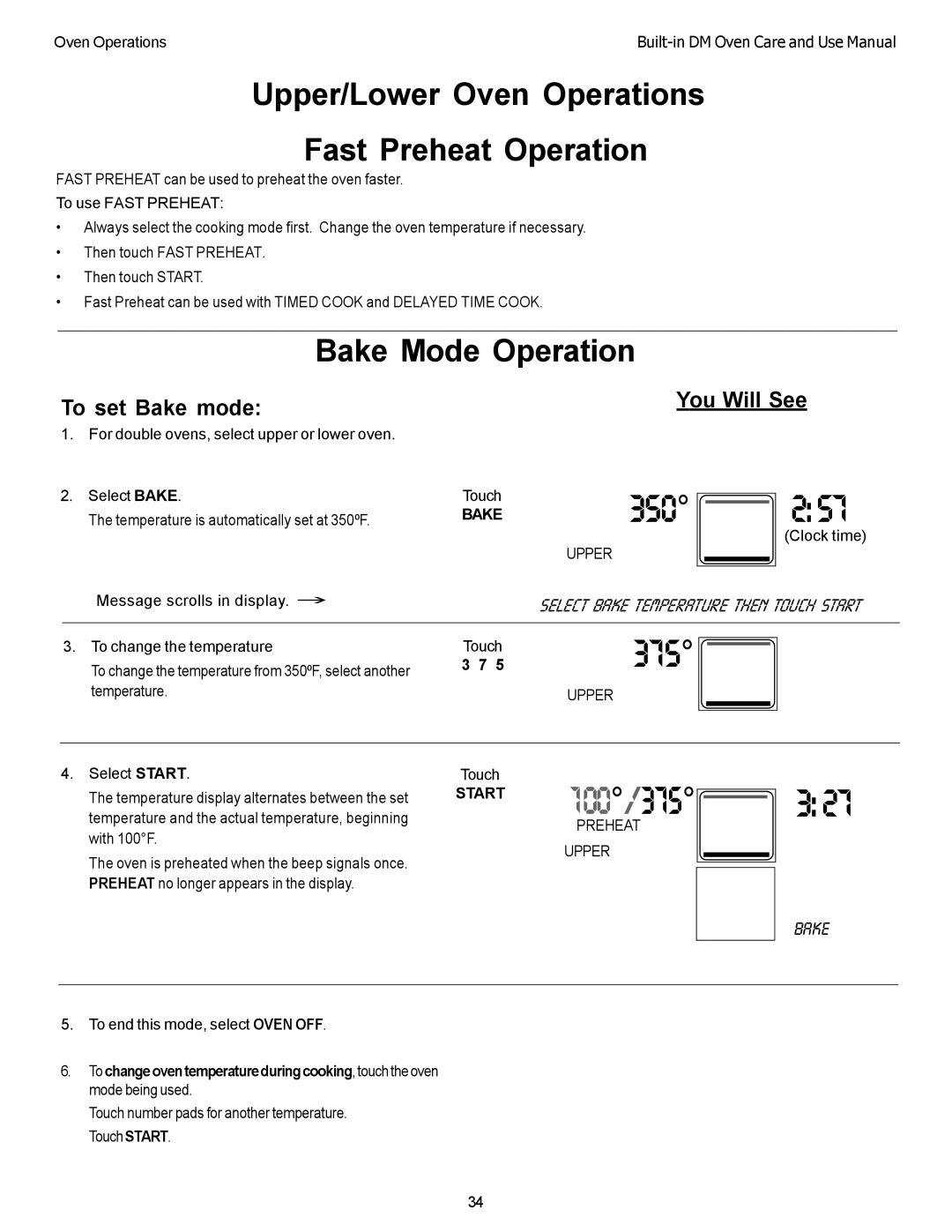 Thermador DM302, DM301 manual Upper/Lower Oven Operations Fast Preheat Operation, Bake Mode Operation, To set Bake mode 