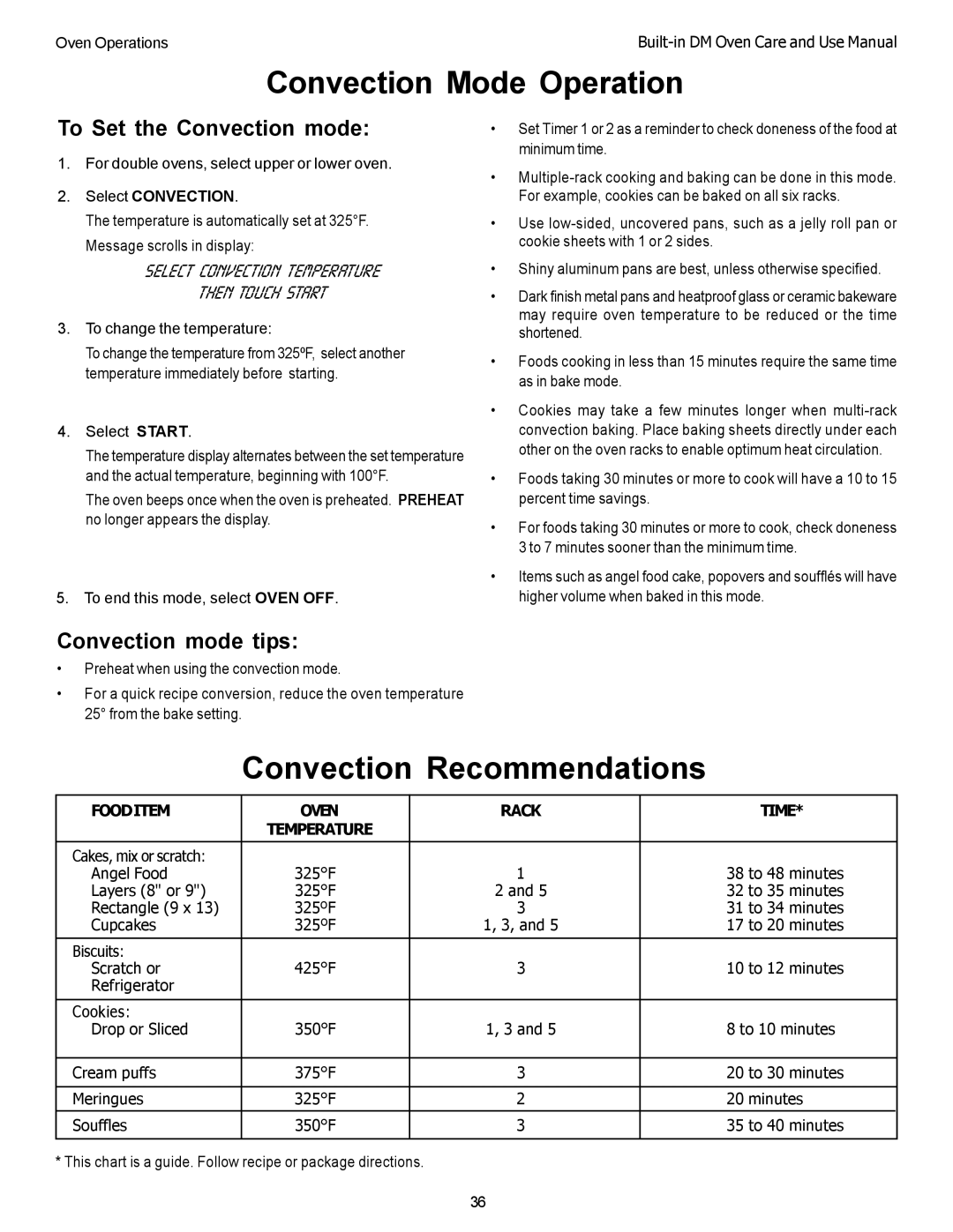 Thermador DM302 Convection Mode Operation, Convection Recommendations, To Set the Convection mode, Convection mode tips 