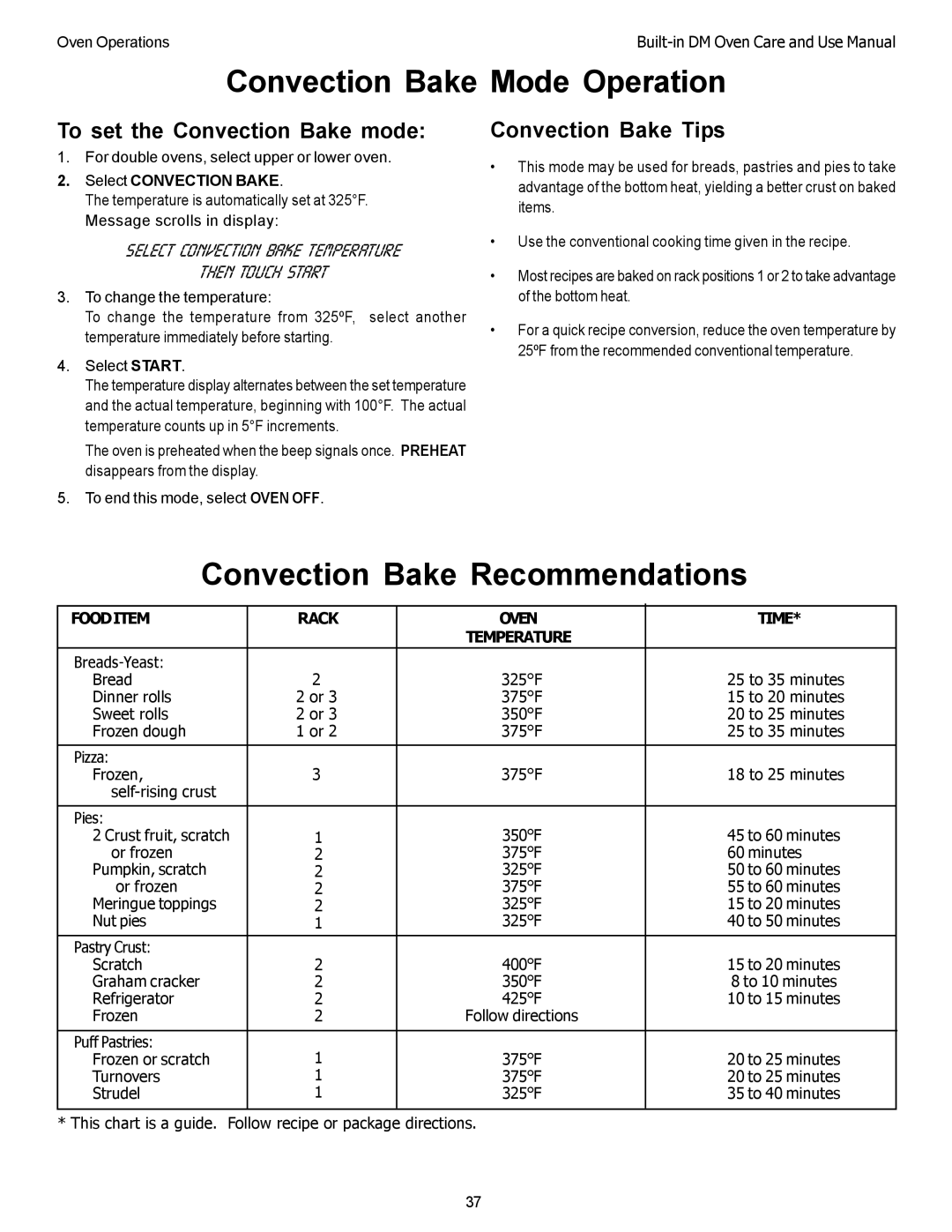 Thermador DM301, DM302 Convection Bake Mode Operation, Convection Bake Recommendations, To set the Convection Bake mode 