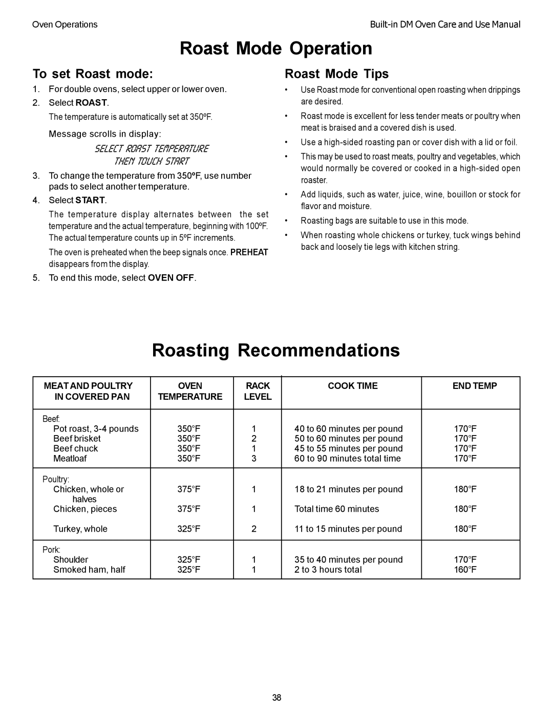 Thermador DM302, DM301 manual Roast Mode Operation, Roasting Recommendations, To set Roast mode, Roast Mode Tips 