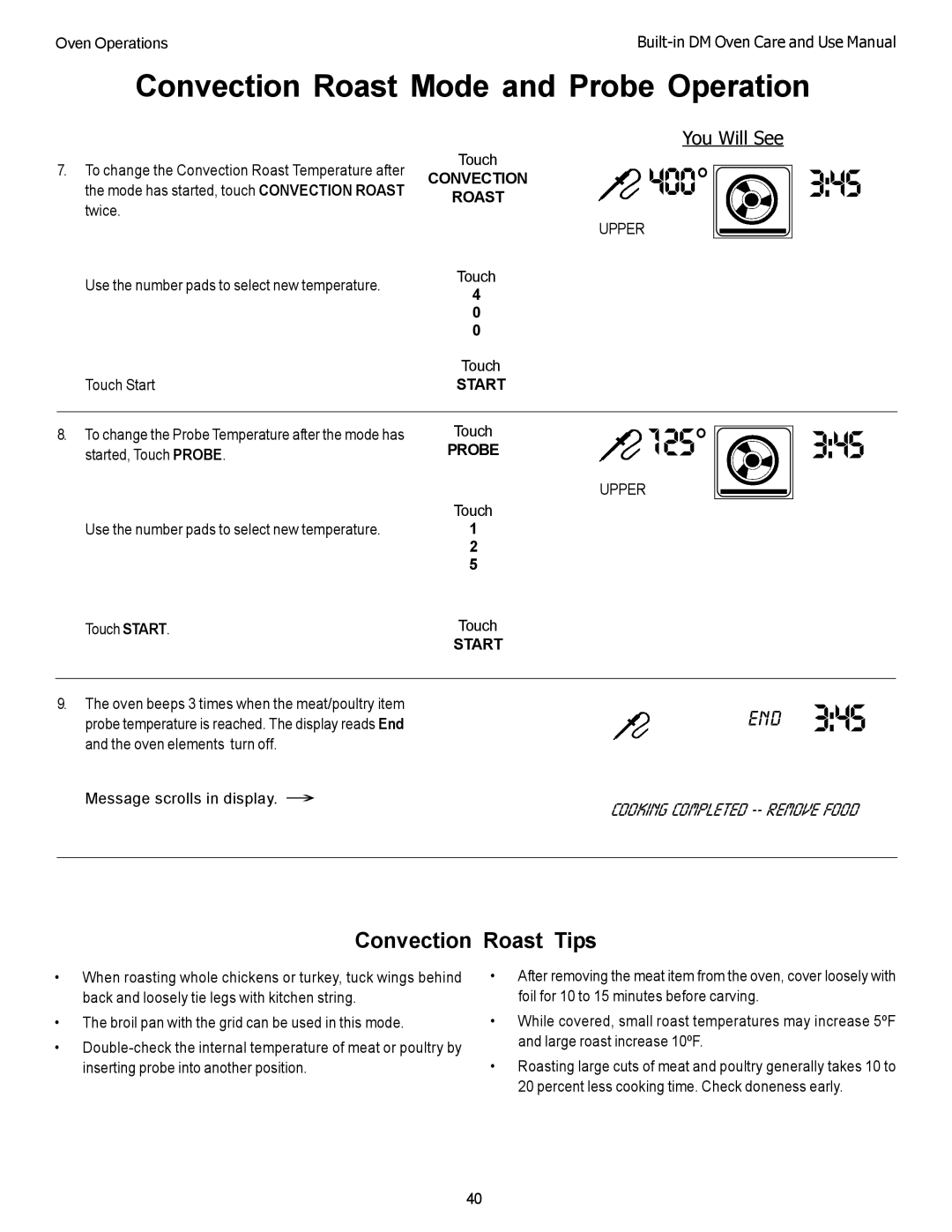 Thermador DM302, DM301 manual Convection Roast Tips, CONVECTION400 Roast 