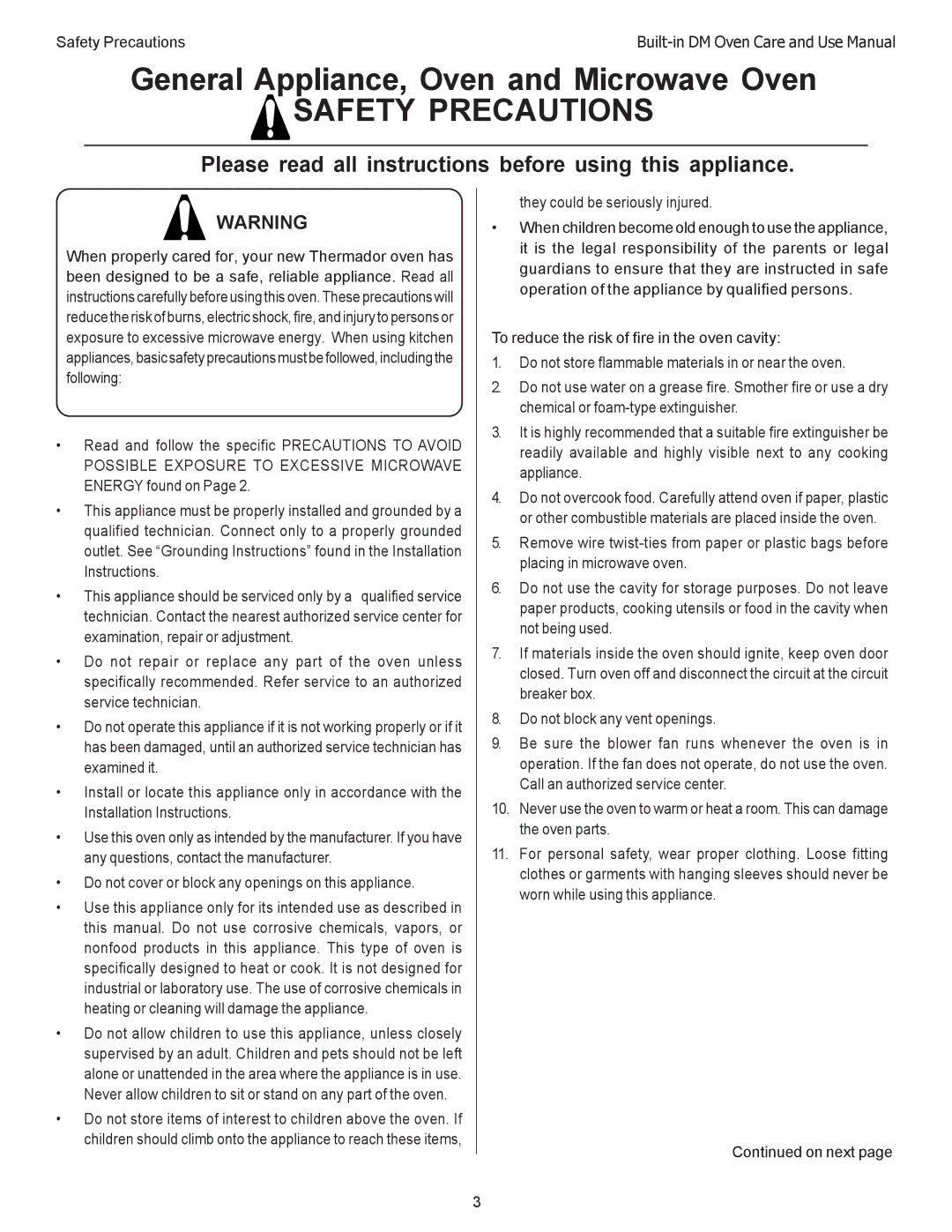 Thermador DM301 manual General Appliance, Oven and Microwave Oven, Please read all instructions before using this appliance 