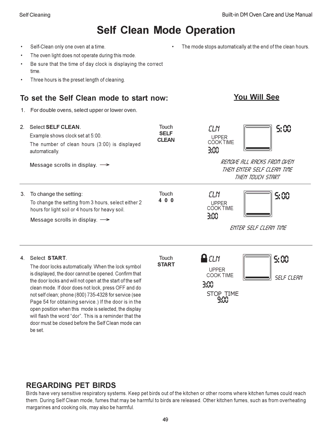 Thermador DM301, DM302 manual Self Clean Mode Operation, To set the Self Clean mode to start now, Enter self clean time 